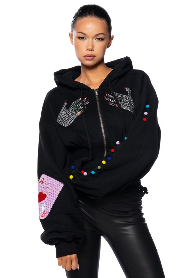 Front View Hands All Over Embellished Lace Up Hoodie