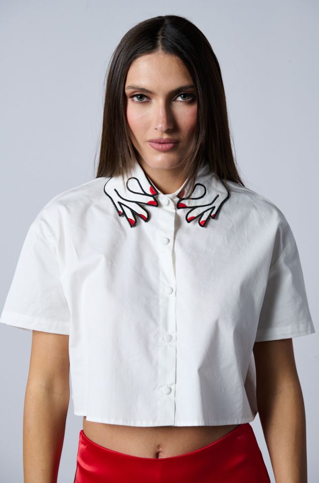 Front View Hands Off Button Down Short Sleeve Blouse