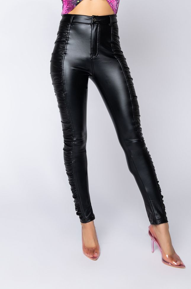 Front View Hanna Side Stacked Pleather Pants in Black