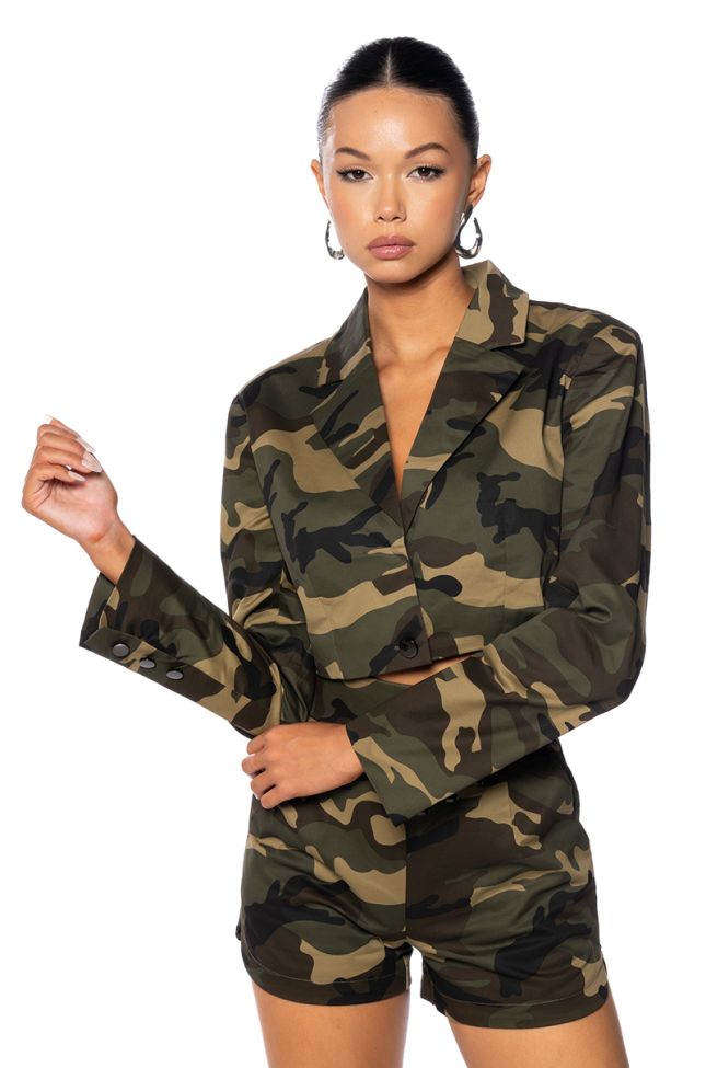 Front View Hansel Camo Cropped Blazer