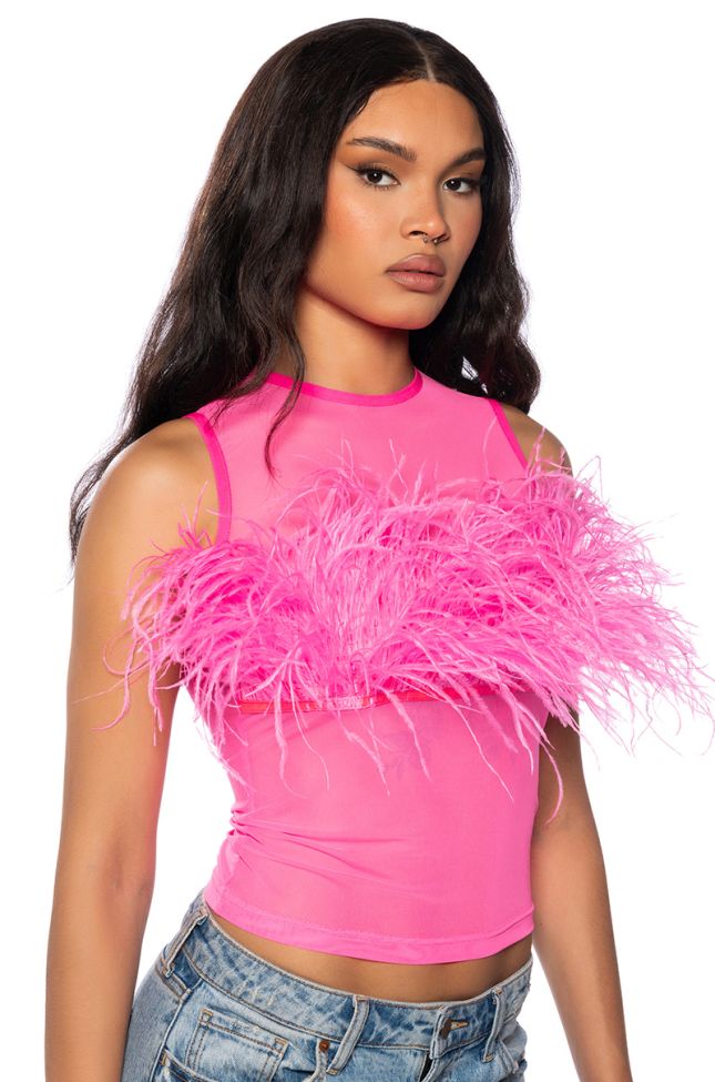 Side View Happily Ever After Sleeveless Feather Top In Pink