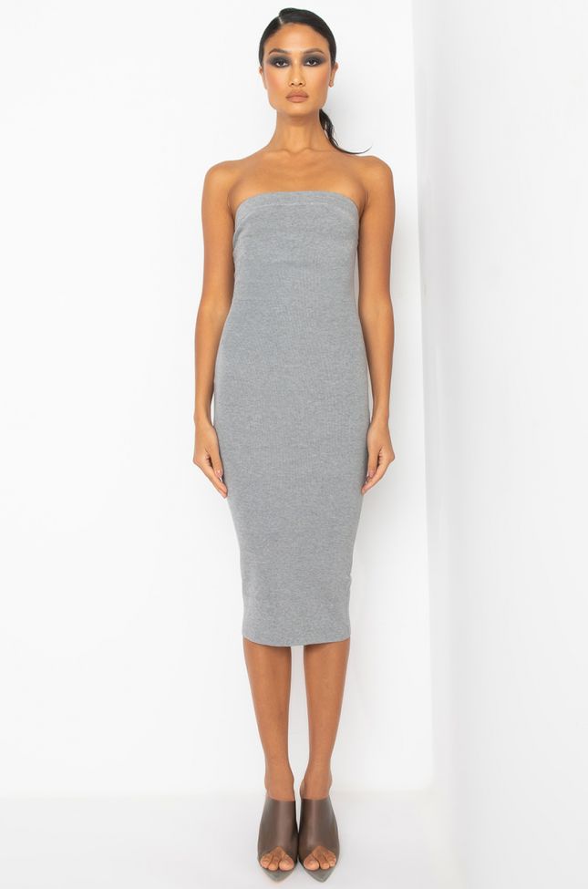 Front View Happy Home Tube Midi Dress in Heather Grey
