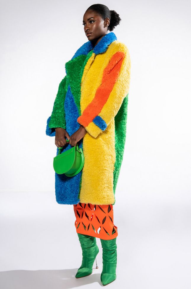 Side View Happy Hour Colorblock Rainbow Teddy Faux Fur Coat