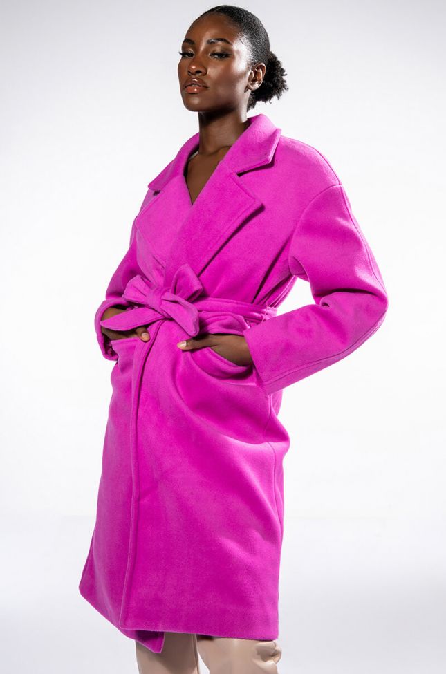 Front View Happy Hour Wool Like Trench Coat In Fuchsia