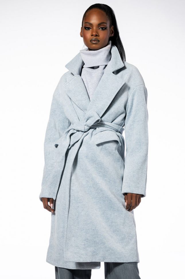 Side View Happy Hour Wool Like Trench Coat In Heather Grey