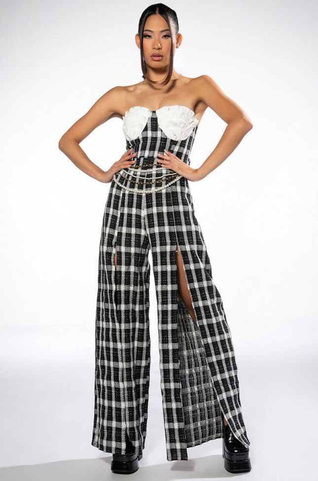 Front View Harley Strapless Wide Leg High Slit Jumpsuit