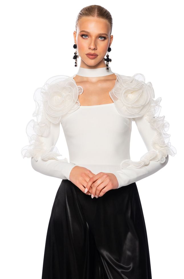 Front View Harlow Ruffled Sleeve Bandage Top In White