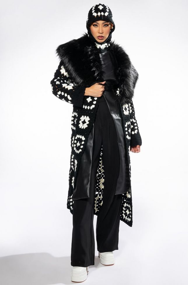 Side View Hayao Hand Knit Crochet Trench With Faux Fur Collar