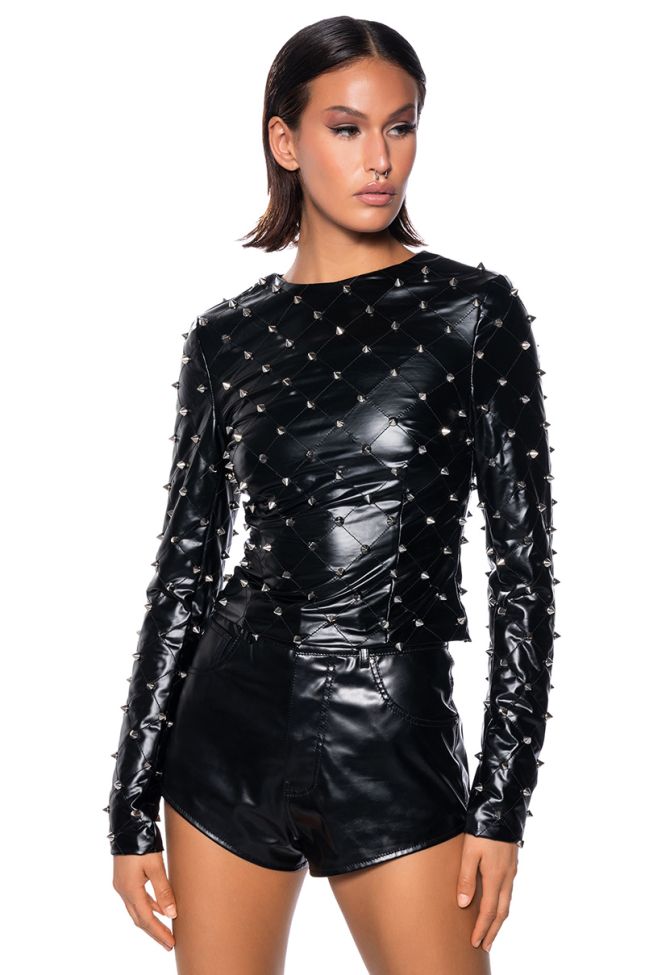 Front View Hbic Quilted Faux Leather Spike Detail Long Sleeve Top