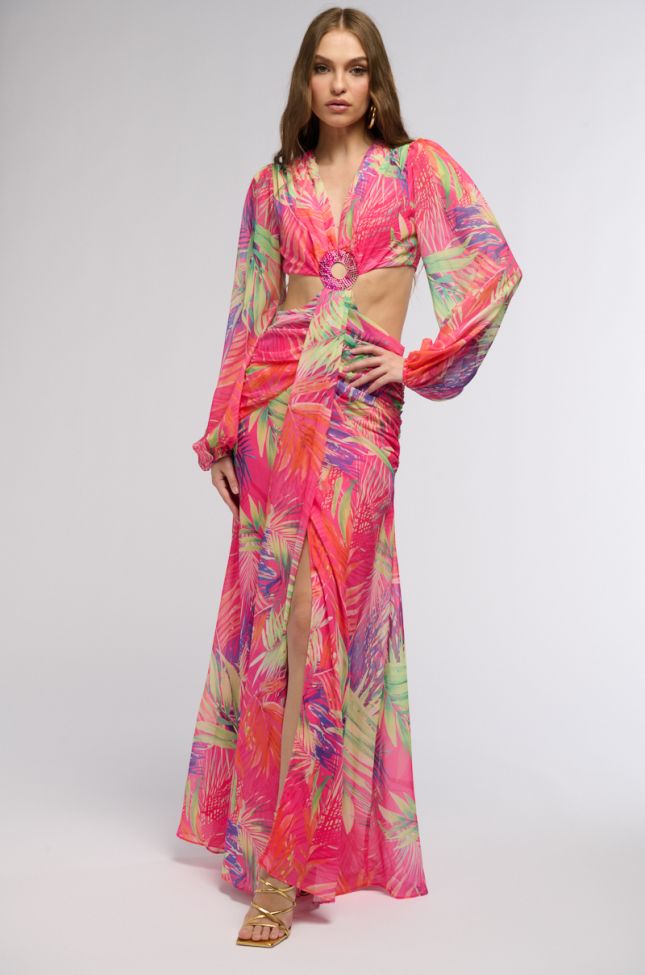 Front View Heart Of Palm Printed Maxi Dress In Pink Multi