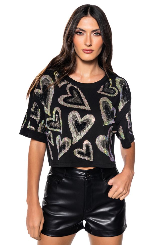Front View Heart On My Sleeve Embellished Crop Top
