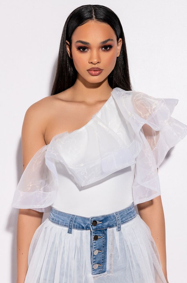 Front View Heavenly One Shoulder Ruffle Bodysuit