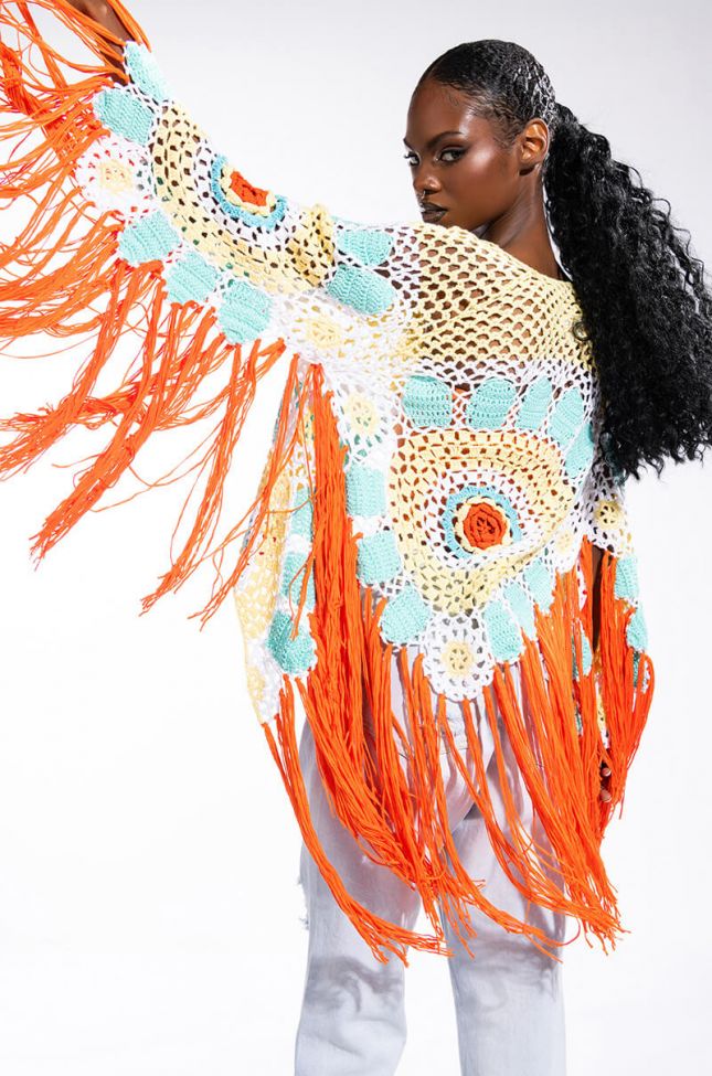 Front View Here Comes The Sun Crochet Fringe Cardigan