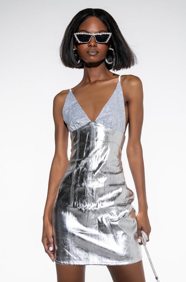 Front View Here For It Metallic Skirt Mini Dress