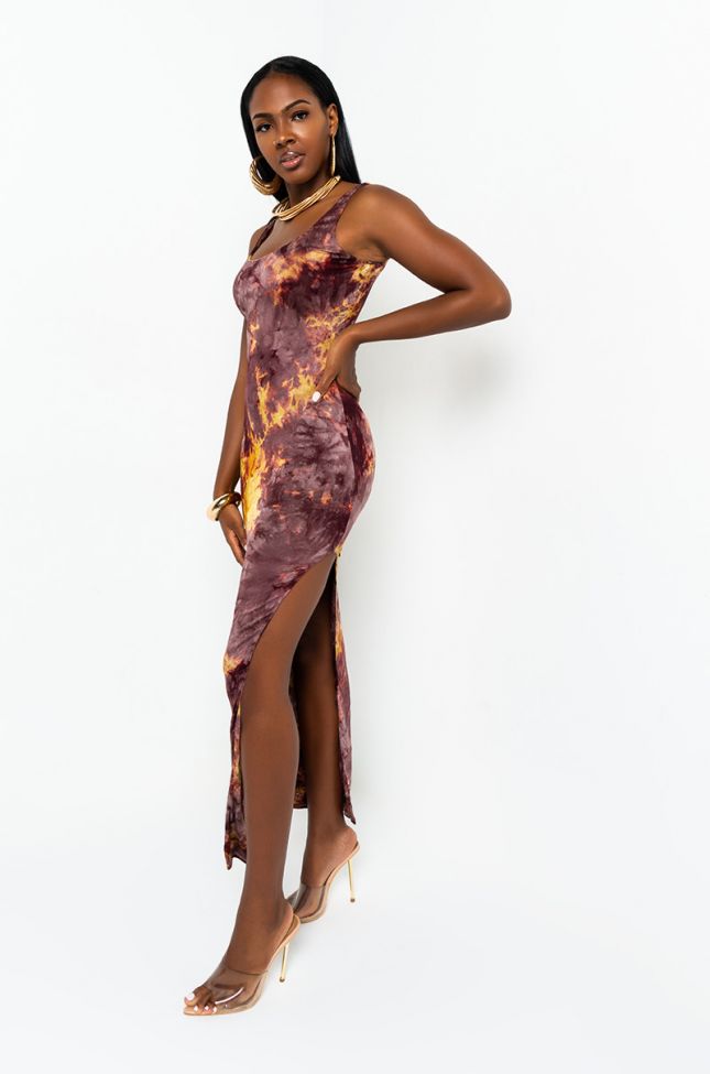 Side View Here For It Sleeveless Maxi Dress in Burgundy Multi