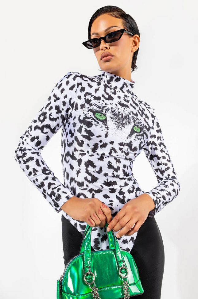 Front View Here Kitty Kitty Long Sleeve Mock Neck Cheeky Bodysuit