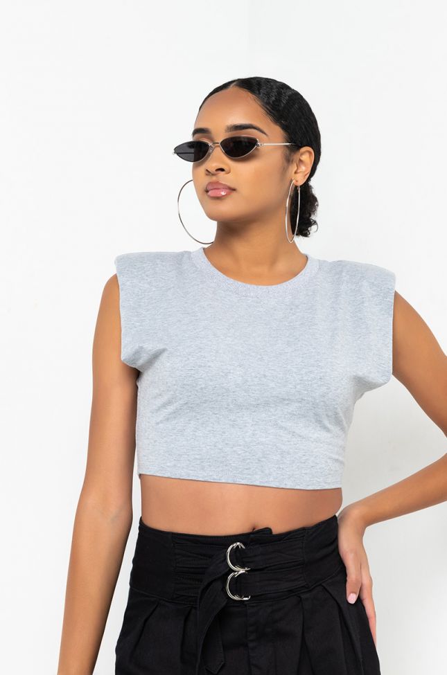 Front View Here To Entertain Sleeveless Crop Top in Heather Grey