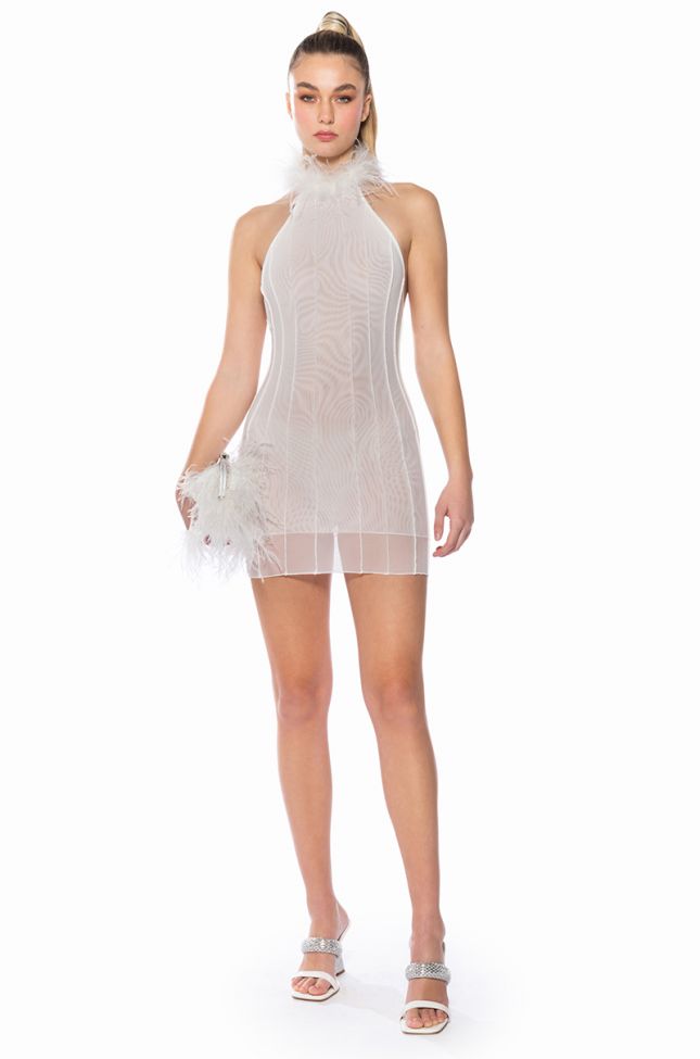 HERE TO PARTY FEATHER MINI DRESS