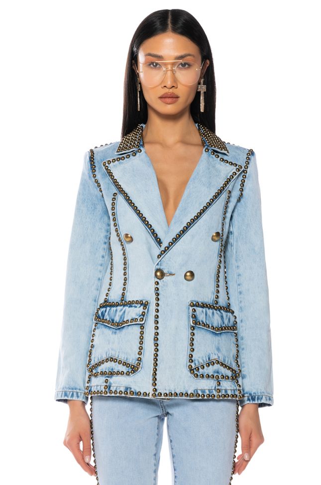 Front View Here To Stand Out Embellished Denim Blazer
