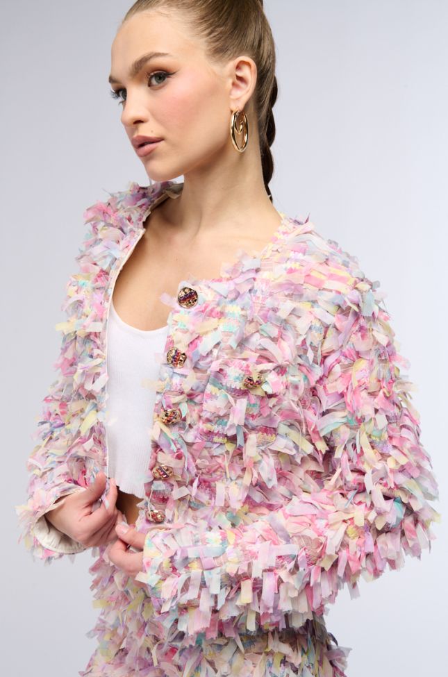 Front View Here With Me Fringe Blazer Jacket In Pink Multi