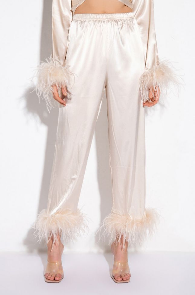 Front View Hidden Agenda Feather Detail Cropped Satin Pants