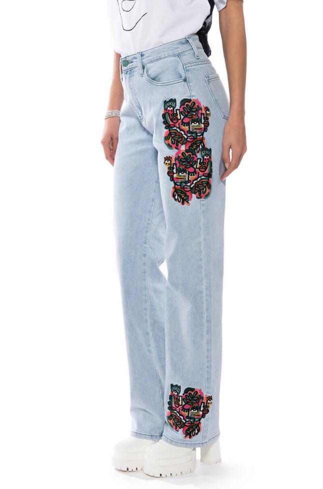 Side View Hidden Faces Embroidery Detailed Straight Leg Jeans