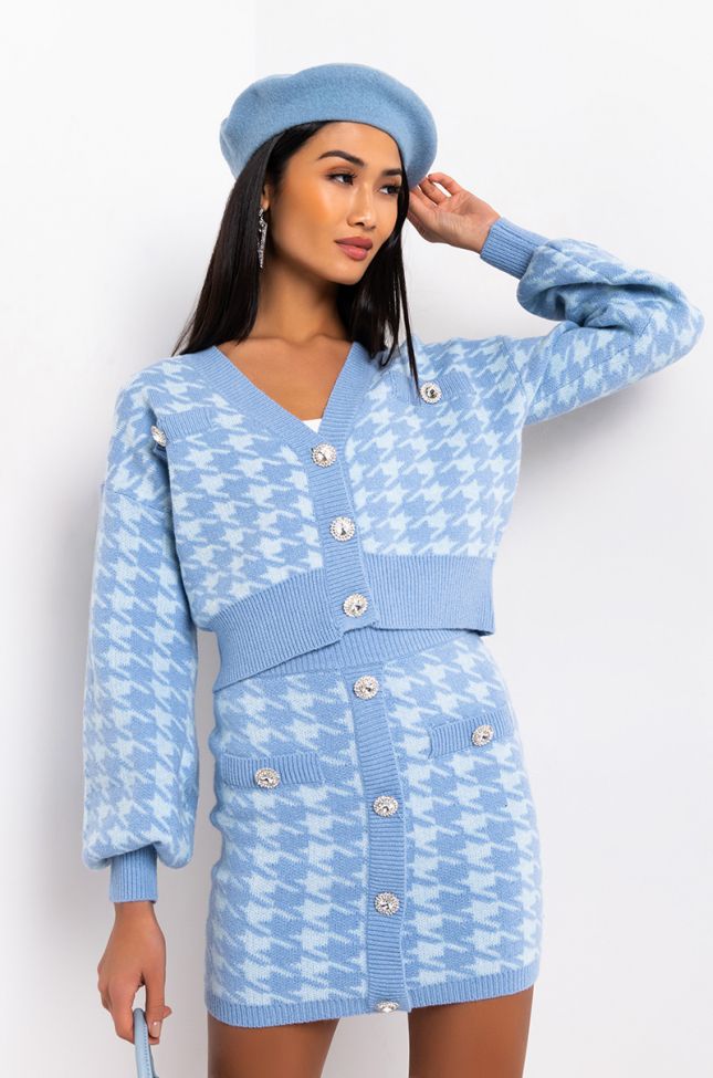 Front View High Maintenance Houndstooth Cardigan in Blue Multi