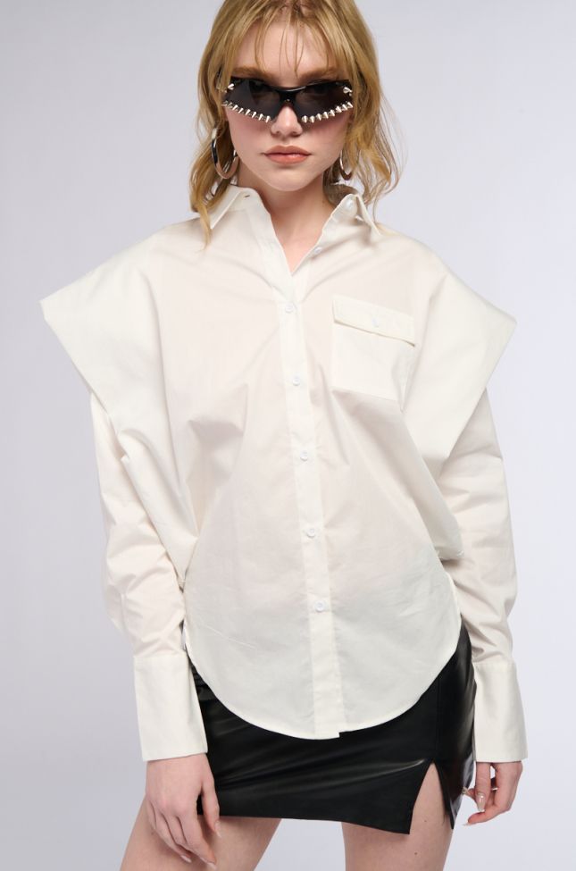 Front View High Pointed Shoulder Button Down Poplin Shirt