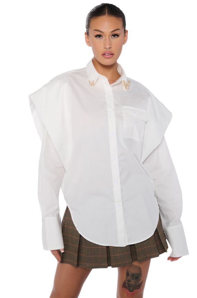 Side View High Pointed Shoulder Button Down Poplin Shirt