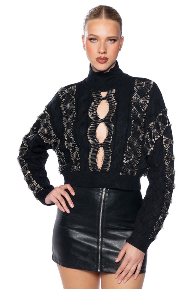 Front View His Loss Safety Pin Detail Cropped Cutout Sweater