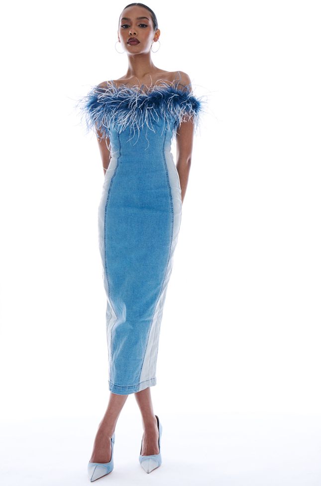 Extra View Hit The Town Feather Trim Denim Maxi Dress