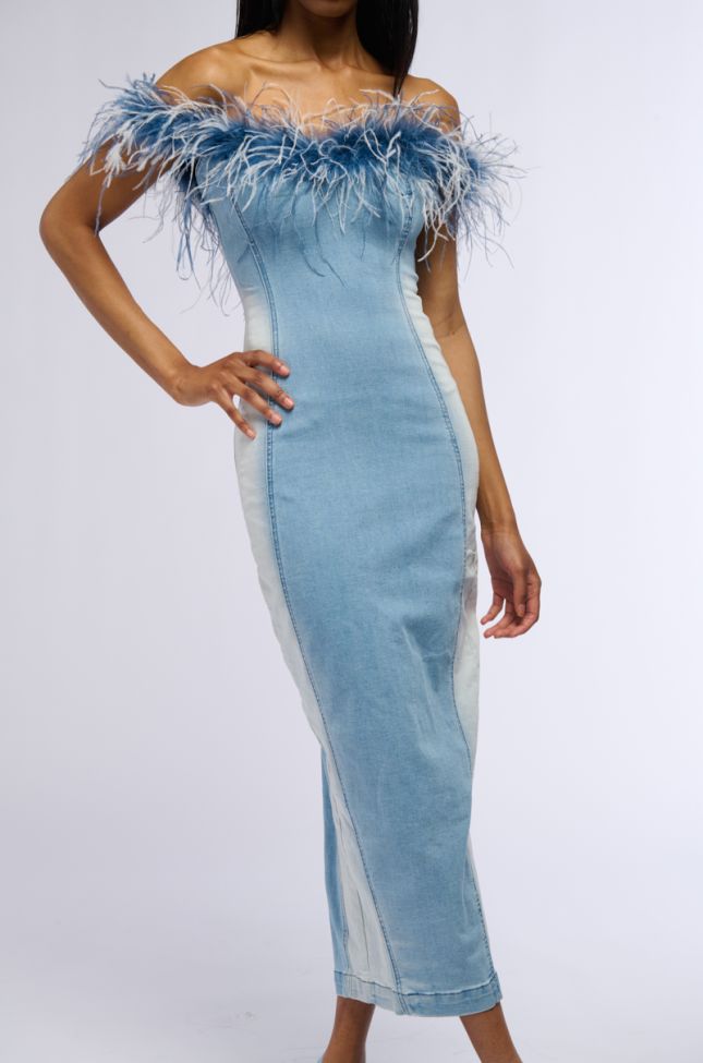 Front View Hit The Town Feather Trim Denim Maxi Dress