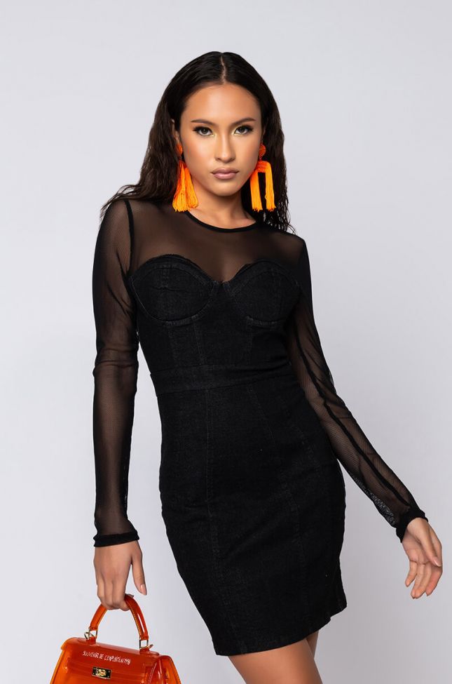 Front View Hold The Phone Mesh Denim Mini Dress in Black