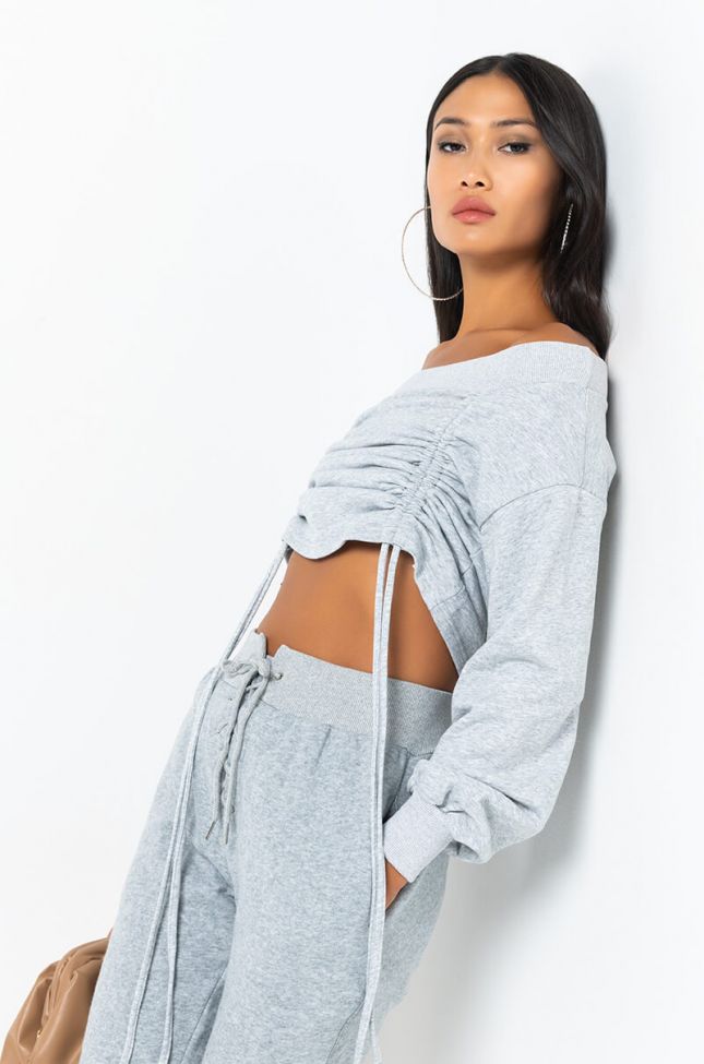 Back View Hold Up Off The Shoulder Sweater in Heather Grey