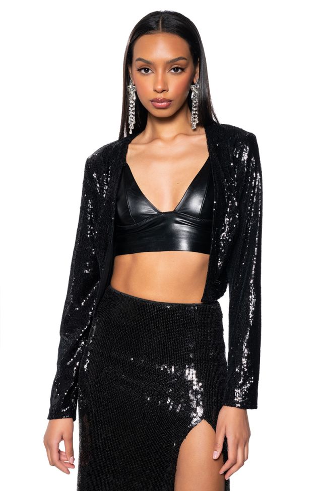 Front View Holiday Season Sequin Cover Jacket In Black