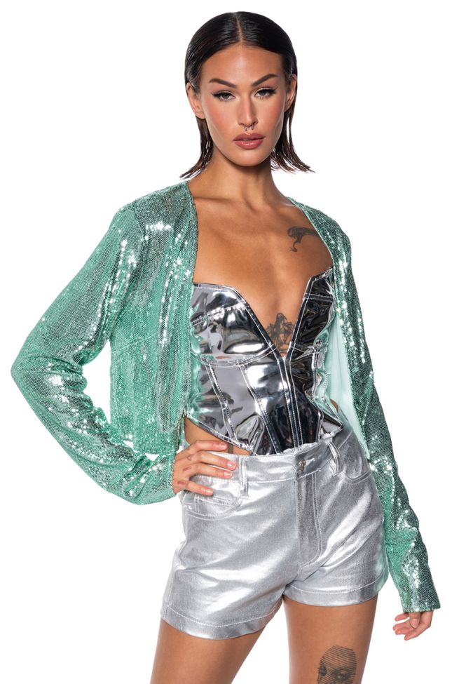 Front View Holiday Season Sequin Cover Jacket In Teal