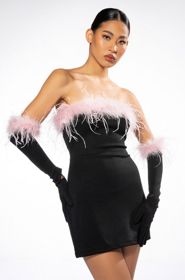 Front View Holly Feather Detail Strapless Bodycon Mini Dress With Gloves