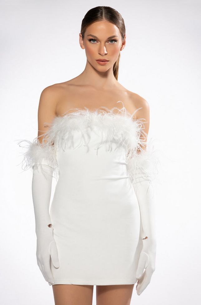 HOLLY FEATHER DETAIL STRAPLESS BODYCON MINI DRESS WITH GLOVES