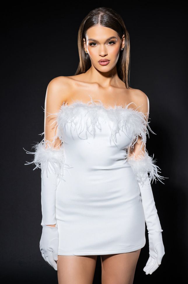 Front View Holly Feather Detail Strapless Bodycon Mini Dress With Gloves