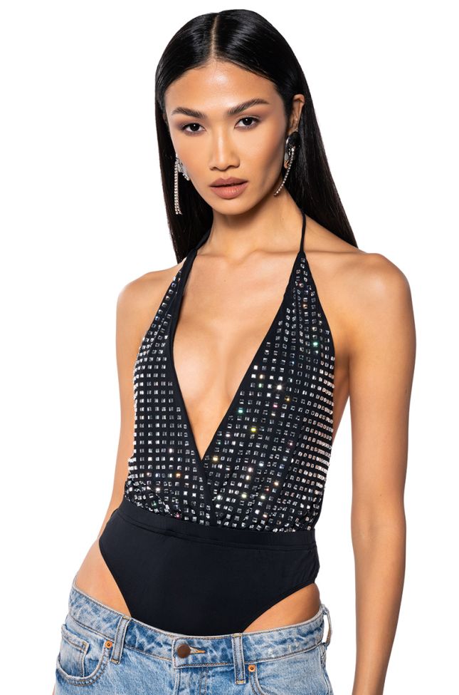 Front View Hollywood Night Low Cut Embellished Bodysuit