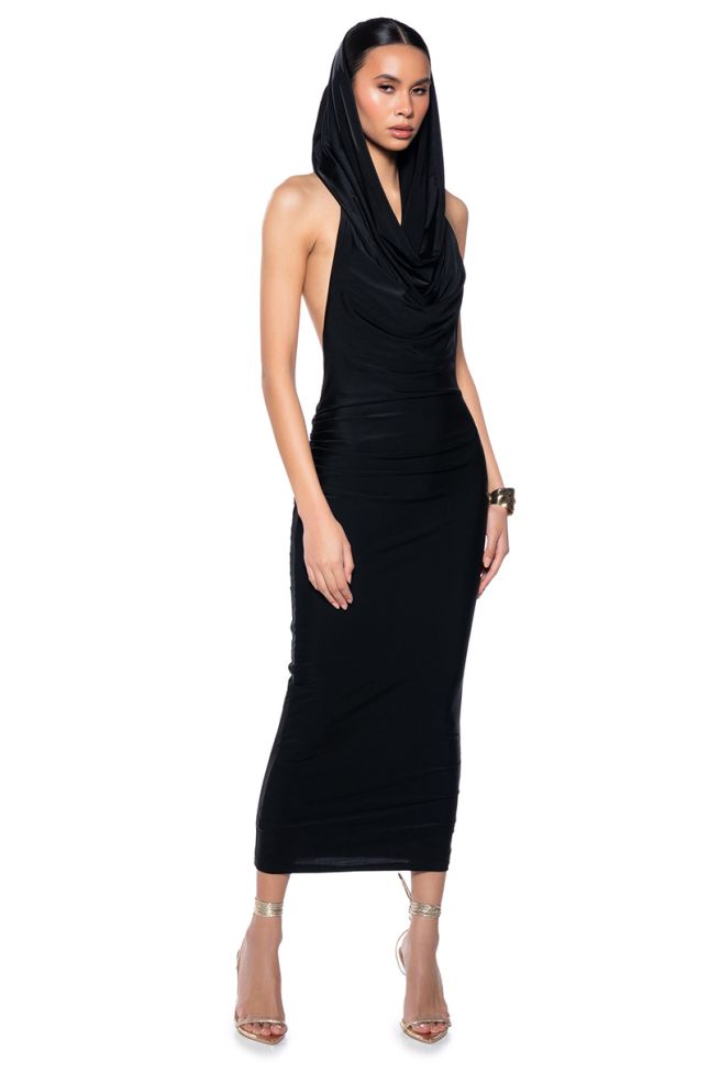 Front View Hooded Beauty Backless Maxi Dress In Black