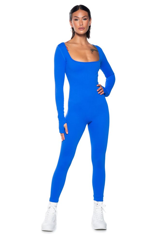Front View Hot Girl Walk Long Sleeve Catsuit In Blue