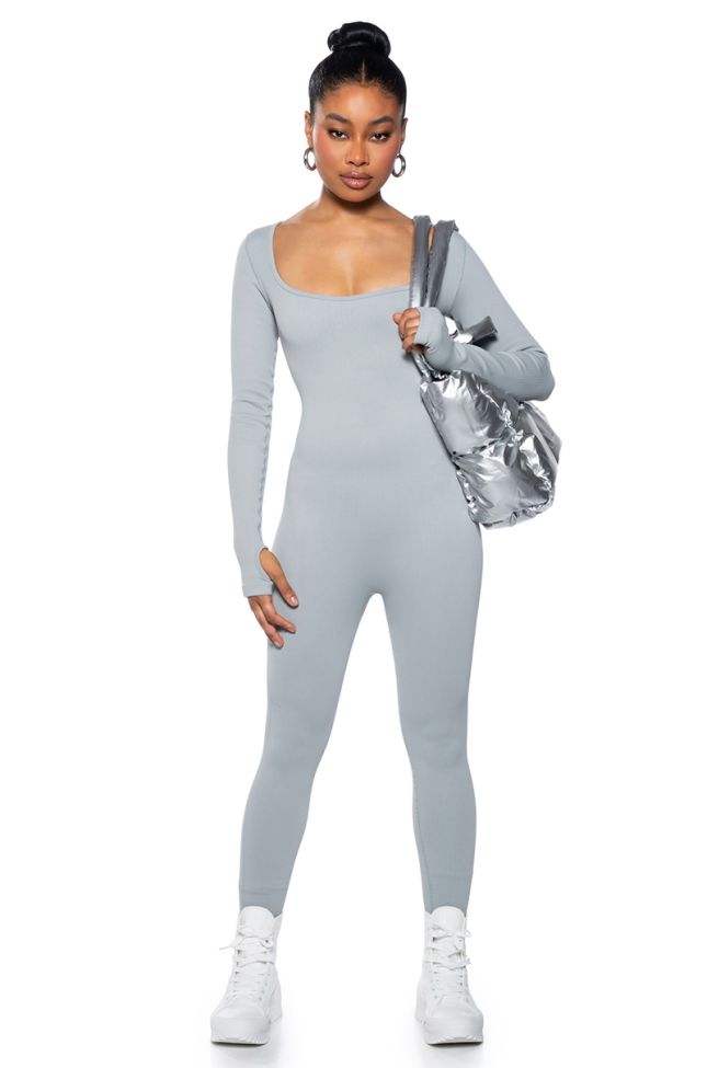 Front View Hot Girl Walk Long Sleeve Catsuit In Charcoal