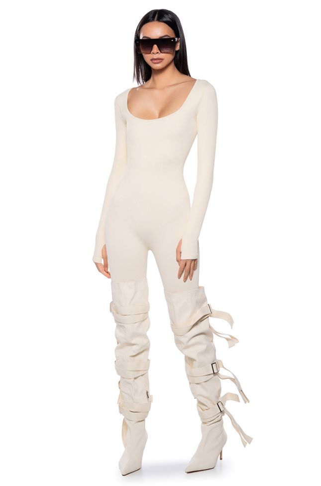 Front View Hot Girl Walk Long Sleeve Catsuit In Cream