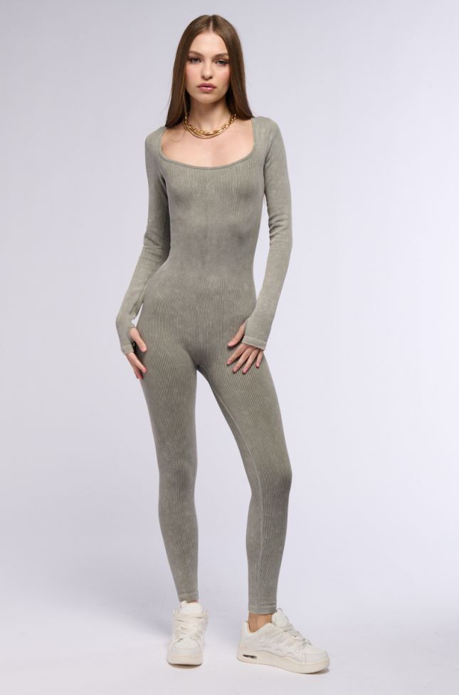 Front View Hot Girl Walk Long Sleeve Catsuit In Olive