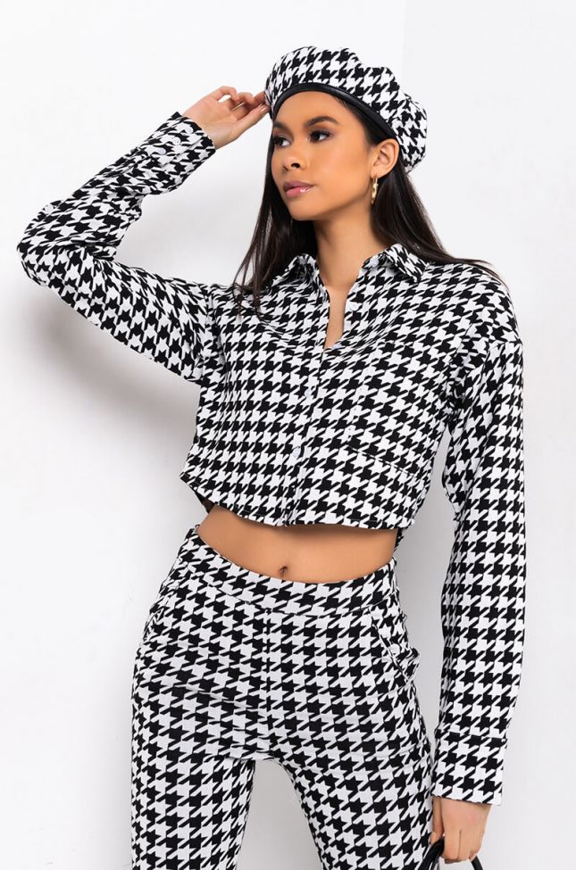 Front View Houndstooth Calling Long Sleeve Blouse in Black White