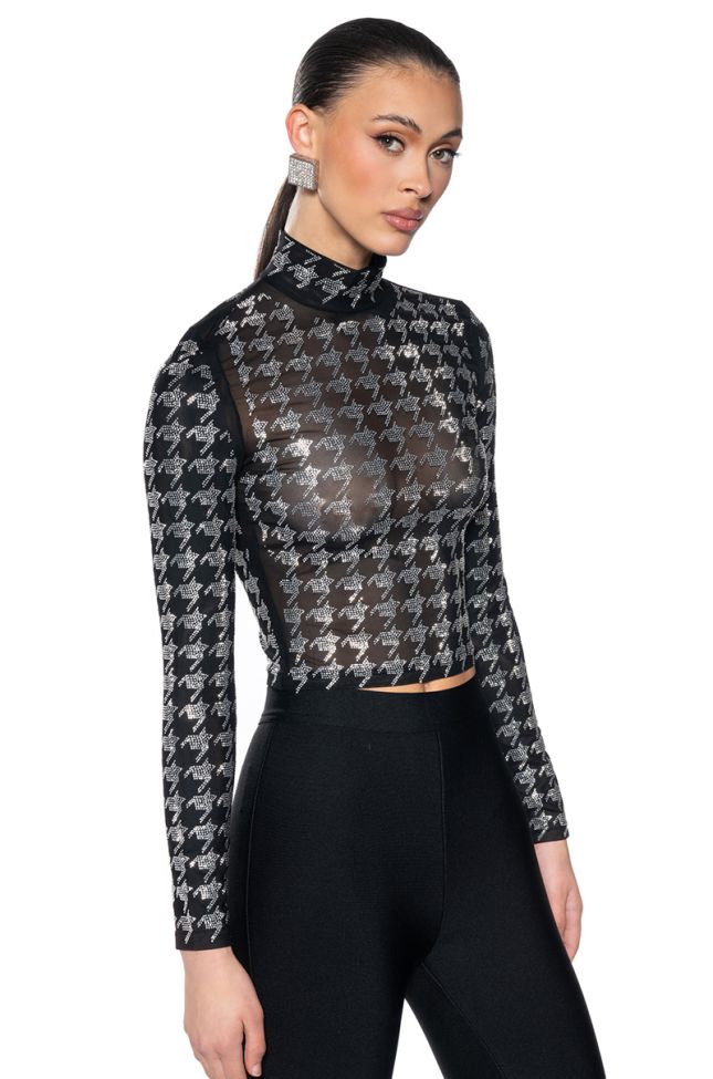 Front View Houndstooth Glamour Mock Neck Long Sleeve Mesh Top
