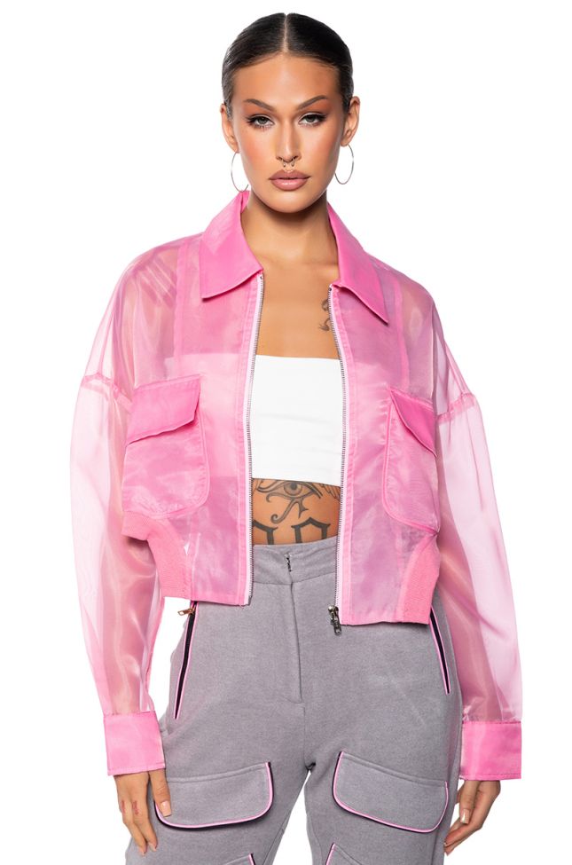 Front View Hyde Mesh Bomber Jacket In Pink