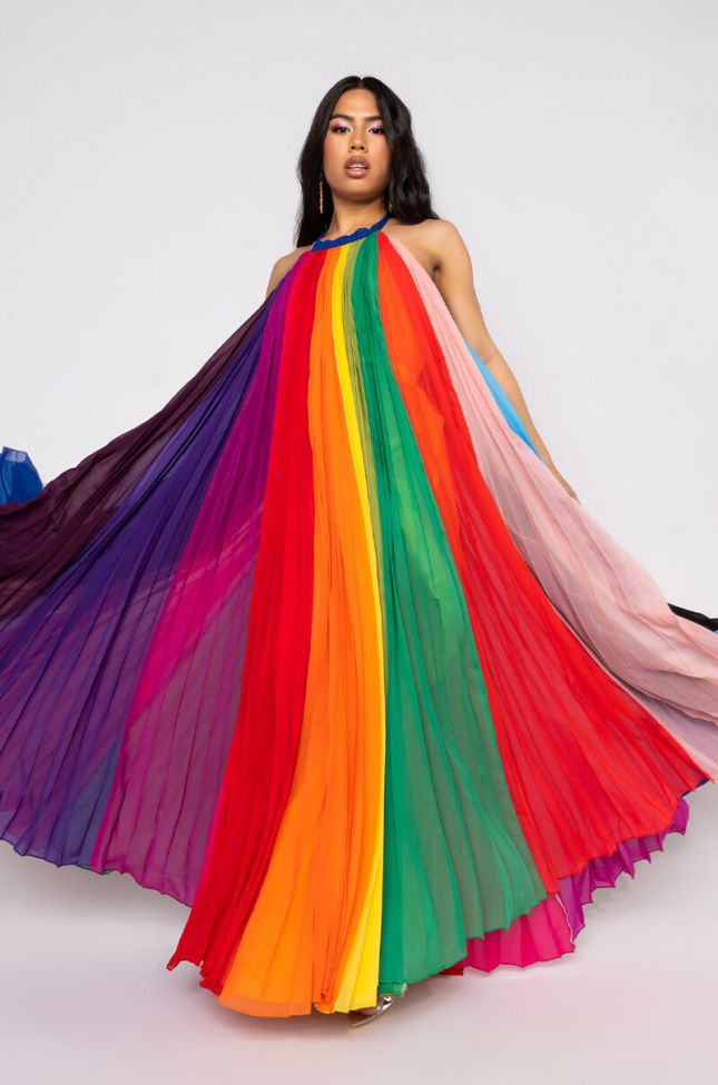  I Am Me Rainbow Chiffon Pleated Maxi Dress in White Multi