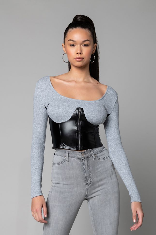 Front View I Did It Again Ribbed Cropped Long Sleeve Top in Black Grey